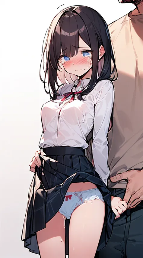 masutepiece, Best Quality,Illustration, Wallpaper, ultra -detail, Little Face Lori、(((molesting)))、Detailed eyes, Complex hairstyle、Sareme、((fear:1.5))、(Teary-eyed:1.5)、(((Cute underwear)))、(Blouse、skirt by the)、ample breasts、((Morester))、((Girl being take...