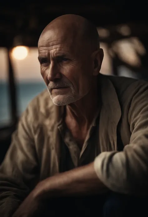 Award-winning male portraits, old sailor, Keep your eyes fixed on the camera, side lights, (Wrinkled face details:0.7), Teletle, Mondel, Torchfire, dreary atmosphere, Night on the sea outside, Realistish, intricate detailes, Truly Aging Skin Texture、(bald:...