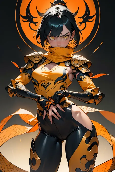 [Shinjuku background at night],(HENTAI ANIME) (Japanese NINJA Girl (Beauty) 15yo student) petite and muscular [Slim & fit body], Short Bob Cut,([hornet] Orange Ninja Battle Armor) scarf [stall] ((Fitting rubber inner) [honeycomb] [edg]) hair adornments (Du...