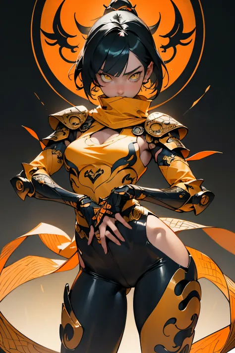 [Shinjuku background at night],(HENTAI ANIME) (Japanese NINJA Girl (Beauty) 15yo student) petite and muscular [Slim & fit body], Short Bob Cut,([hornet] Orange Ninja Battle Armor) scarf [stall] ((Fitting rubber inner) [honeycomb] [edg]) hair adornments (Du...