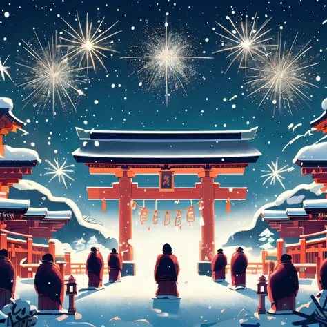 A shrine celebrating the new year、torii gate、snowflakes falling、natta、congestion、many worshipers、Background with、Wide Angle