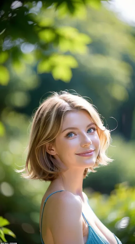 American white woman with unparalleled looks、dark blonde、Short Bob Hair、Hair is wavy、The ends of the hair are curled、blue eyess 、A slender、Out of focus background of open meadow in the forest、The sun filtering through the trees is beautiful、a smile、Looking...