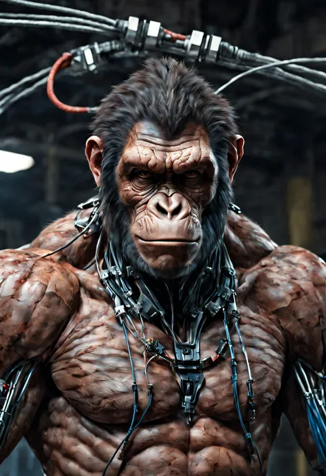 (((Perfect Face)))((cowboy shot)), (((masterpiece))), (((best quality))), ((ultra-detailed)), (highly detailed CG illustration), ((an extremely musculine and handsome)), cinematic light,(((1mechanical Ape))),solo,((upper torso masculine flesh hanging by wi...