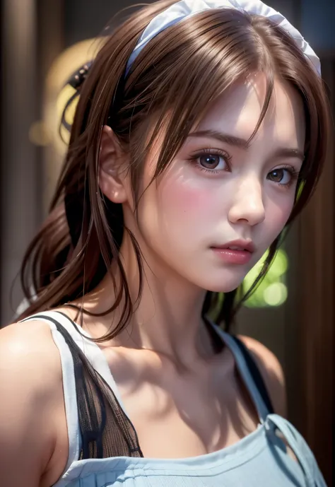 8K, of the highest quality, masutepiece:1.2), (Realistic, Photorealsitic:1.37), of the highest quality, masutepiece, Beautiful young woman, Pensive expression, Thoughtful look, Cute Maid Clothes, Hair tied back, Messy mood, Cinematic background, Light skin...