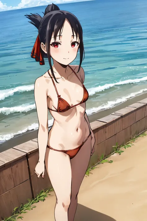 best quality, (masterpiece:1.2), detailed,
shinomiya kaguya,
1girl, solo, closed mouth, light smile, blush,
black hair, red eyes, folded ponytail, hair ribbon,
(red bikini:1.2), small breasts,
standing, looking at the viewer,
beach, water, cloud