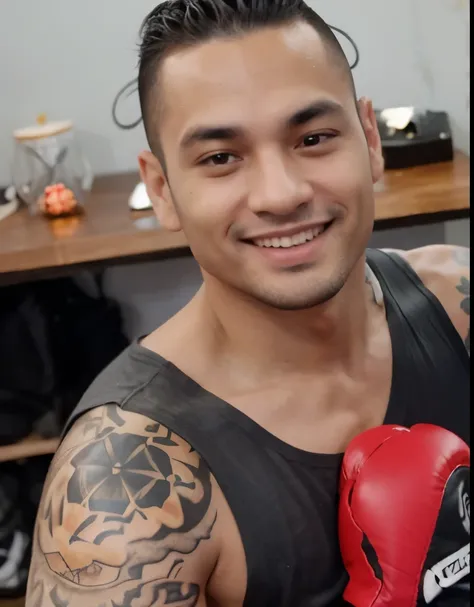 Man with a boxing glove on his right hand, right shoulder tattooed with a Japanese flower, usando regata e sorrindo, possui coque samurai, cavanhaque pequeno