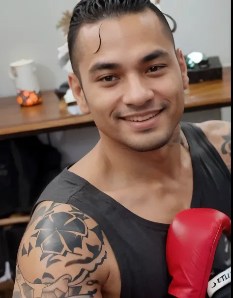 Man with a boxing glove on his right hand, right shoulder tattooed with a Japanese flower, usando regata e sorrindo, possui coque samurai, cavanhaque pequeno