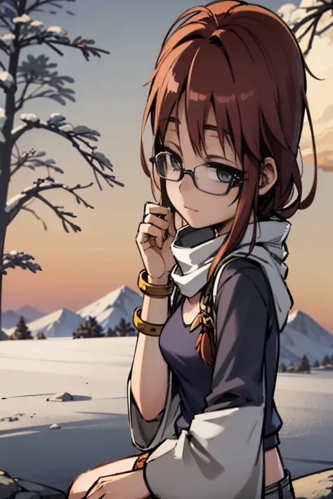 anime girl with glasses sitting on a rock in the snow, anime moe artstyle, Makoto Shinkai ( apex legends ), Makoto Shinkai Estilo de Arte, protagonista feminina :8, Estilo Makoto Shinkai, Digital anime illustration, kantai collection style, retrato estilo ...