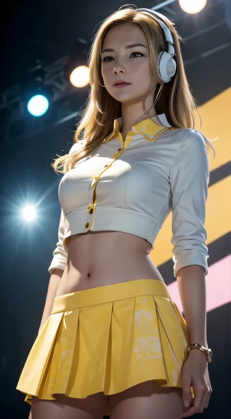 top quality raw photo of 18-years-old Emily VanCamp wearing headphone, miniskirt white and Yellow pattern, Navel look, She should be on the stage, colorful lights.