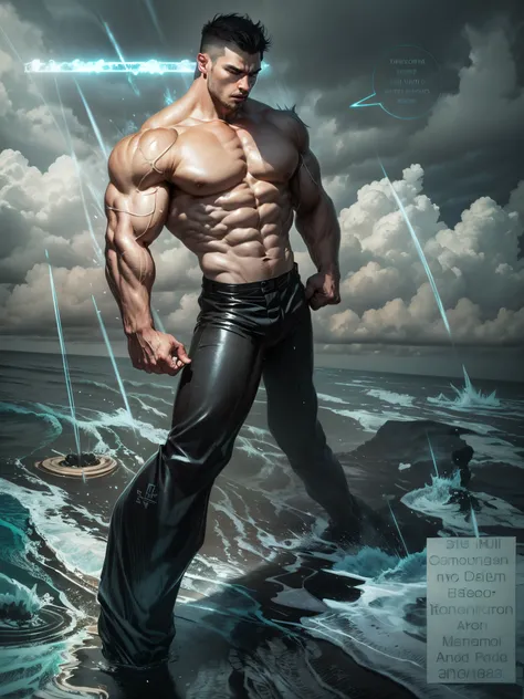 Midget man, 1 boy, muscular, gray short hair, topless, black pants, standing in the ocean, storm weather