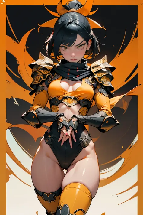 [Shinjuku background at night],(HENTAI ANIME) (Japanese NINJA Girl (Beauty) 15yo student) petite and muscular [Slim & fit body], Short Bob Cut,([hornet] Orange Ninja Battle Armor) scarf [stall] ((Fitting rubber inner) [honeycomb] [edg]) hair adornments (Du...