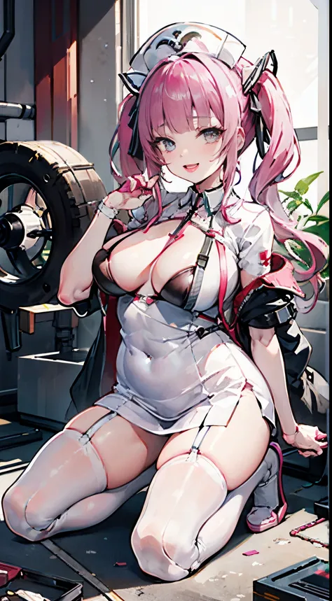 aquarium nurse, nurse hat, 1 plump girl, mediuml breasts, looking at viewert,(White stockings), Lop, Large breasts, ssmile, with her mouth open, face flushed, pigtails, Open your clothes, 独奏, ahoge, sitted, Open jacket, :d,tmasterpiece,1 plump girl,Alone,,...