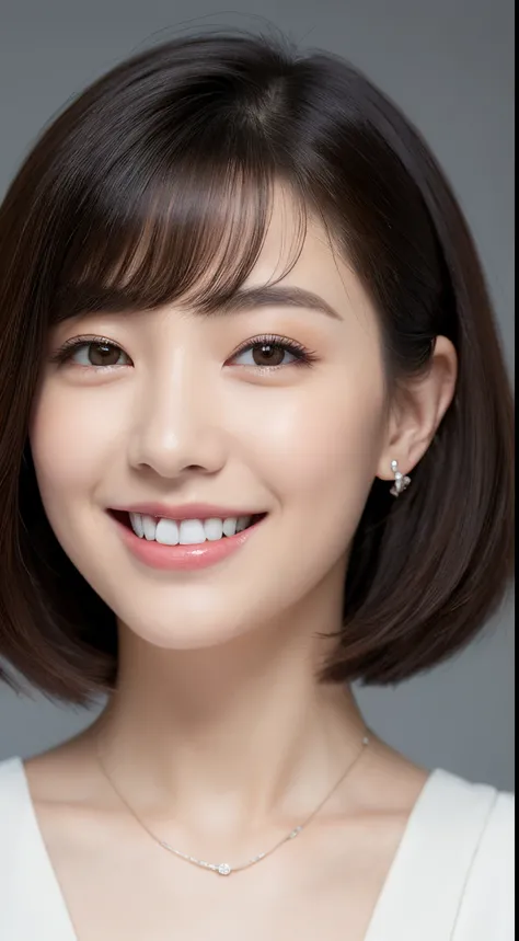 (top-quality, ​masterpiece, hight resolution), (Realisticity),Beautiful 18 year old woman。She wears a white off-the-shoulder with white ruffles that only hide her breasts。、kindly smile、Show your teeth a little。Smile、Her hair is、Short Bob Hair Straight、(Vol...