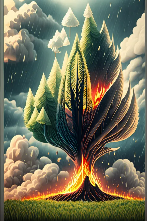 A 3D cover design depicting burning trees, a sky filled with dense dark clouds, raining, and a grassy plain.640*640 --auto --s2