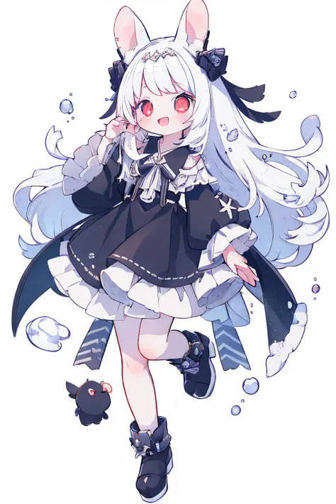 1girll, Long hair, Rabbit, Solo, White background,  view the viewer, :D, full bodyesbian, Simple background, , Hair accessories hair bye, Long sleeves, Puffy sleeves, Water-colored footwear, Rabbit foot,  Jumps,, Blush,  holding wand, Very long hair, ,1gir...