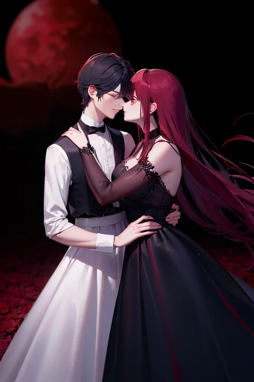 A red haired woman with red eyes is wearing a long sleeve ruby gown with a ribbon of white silk in the middle of the skirt and a braid with red roses is kissing a black haired woman in black gown with embroidered golden moons along the silk