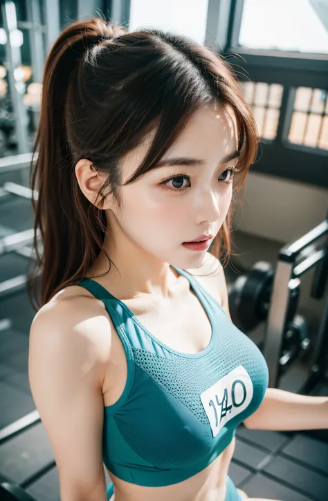 Exposed nipples、Capturing the essence of Eri Kamei&#39;Photorealistic scenes、Morning Musume。, Dressed in trendy gym attire for a personal training session. Imagine her today, fully equipped gym, Showing off her fitness routine. The image should emphasize h...