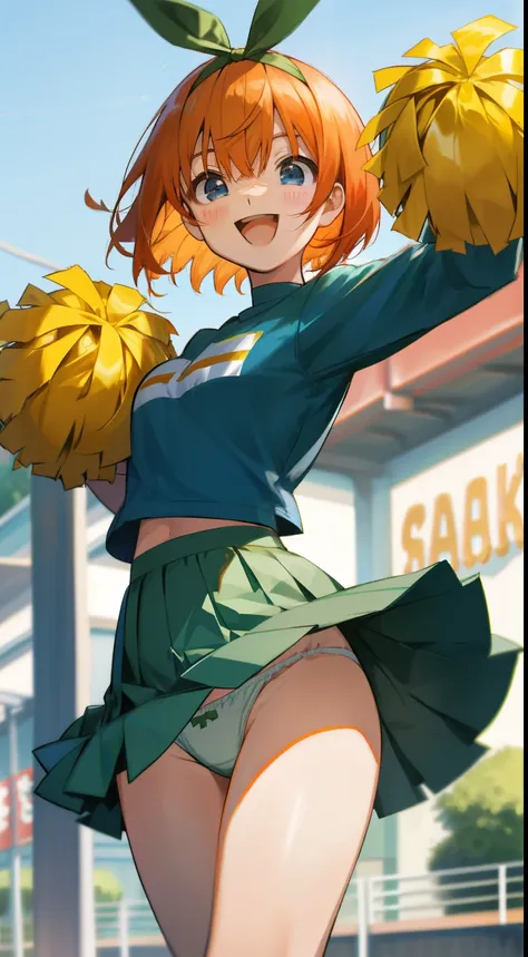 yotsuba nakano, bangs, short hair, blue eyes, hair between eyes, hair ribbon, hairband, orange hair, green ribbon, outdoors, excited, laugh, looking at viewer, ((panties)), cheerleader