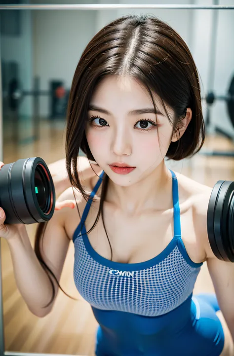 Exposed nipples、Capturing the essence of Eri Kamei&#39;Photorealistic scenes、Morning Musume。, Dressed in trendy gym attire for a personal training session. Imagine her today, fully equipped gym, Showing off her fitness routine. The image should emphasize h...