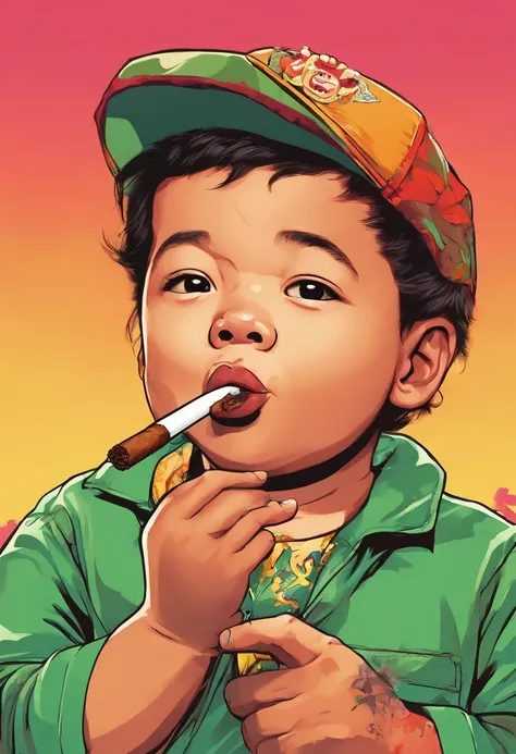 create a comedic and funny picture of a boy toddler, mixed Chinese and Caucasian, smoking a cigar