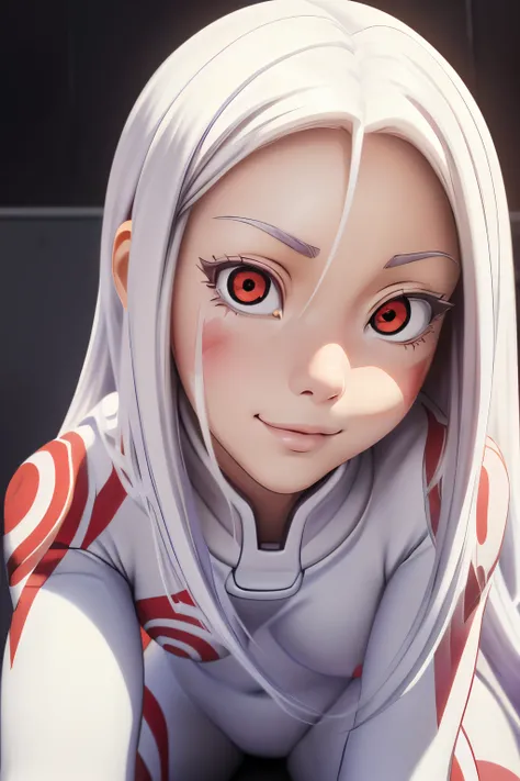 ((ultra quality)), ((tmasterpiece)), albino girl Shiro, Shiro from the anime Deadman Wonderland, ((White long hair)), Beautiful cute face, beautiful female lips, charming beauty, ((Cheerful expression on his face)), is looking at the camera, slightly close...