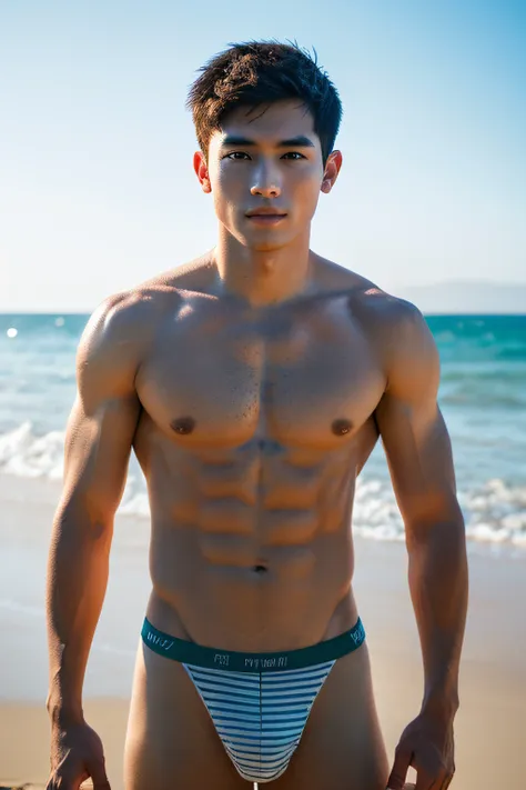 A handsome 20-year-old Asian man，Toned body，Sharply defined，Be well-exercised，Protruding muscle striae，Full muscles，Healthy complexion，Confident posture，On the beach，full bodyesbian，gentlesoftlighting，tmasterpiece，best qualtiy，8K  UHD，digital DSLR camera，f...