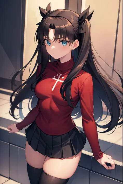 1 girl, alone, rin tohsaka, aqua eyes, black hair, headband, long hair, ribbon, side locks, two sides up, black skirt, black thi...