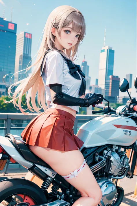 Japan schoolgirl riding motorcycle,a miniskirt、white panty、beautiful thigh、Beautiful panties、beautiful  Girl、Beautie、Beautie、lolicon hentai、Beautiful panties、beautiful thigh、beautiful  Girl、Beautie、Happy!!!, , motor cycle,[ photos realistic ]!!, hight reso...