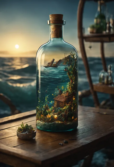 (an intricate sea trapped in a bottle), atmospheric oliva lighting, on the table, 4k uhd, dark vibes, hyper detailed, vibrant co...