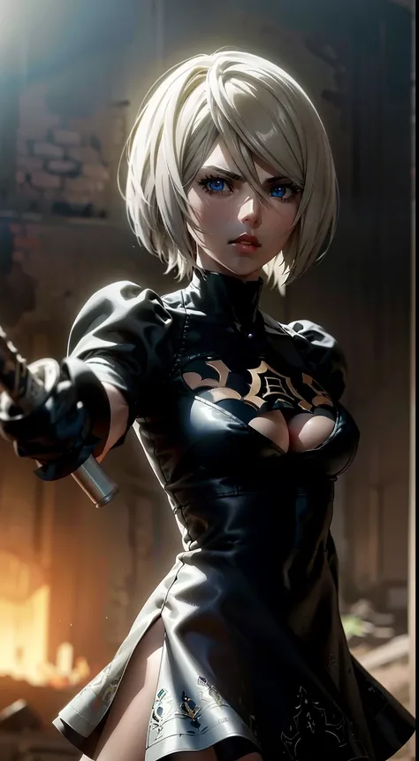 Detalhes realistas, Holding a Japanese sword in hand, combat stance, makes a jerk, Black Short Skirt, the anime, (Based on nier automata) Highly detailed hands, Very detailed fingers, the perfect body, The Perfect Girl, perfect details, Ultra HD |, 8K, Pro...