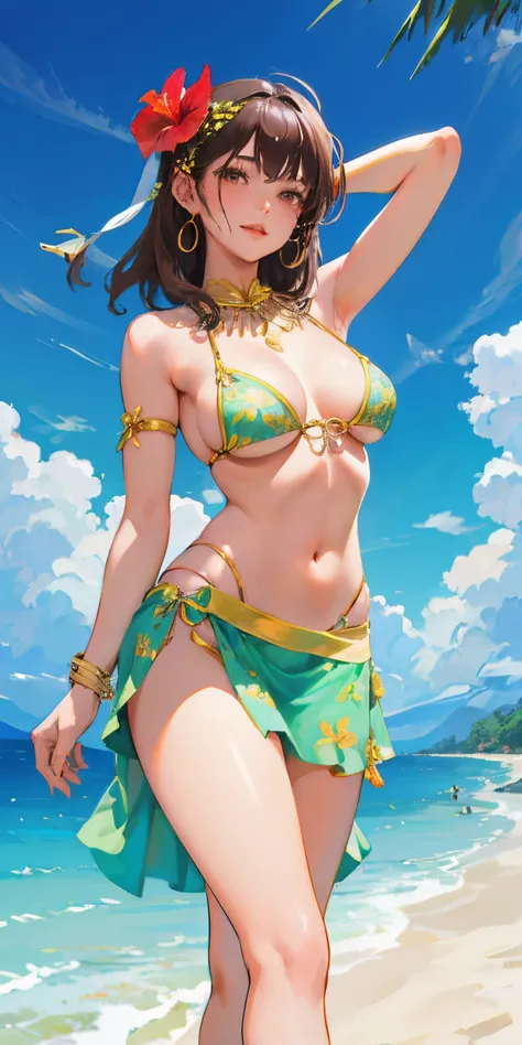 Realistic smiling 16 year old girl、Super close-up shot looking back from underground、Slightly thicker emphasis on the thighs、She is wearing a micro bikini with a floral pattern on her chest.........、Emphasis on cleavage、sexy brown skin tone、Tahitian dancer...