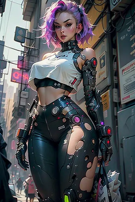 Woman body defined thick thighs cybernetic body parts, cyberpunk city, huge breasts, thick thighs, wide hips, breasts