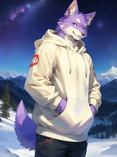 anime, coloredic0n icon Masterpieces, furry, male, bara, white fox, purple eyes, sturdy, solo, detailed eyes, (looks ):1.3, cute, kemono, by (by Pino Daeni, (by ruaidri), yupa, kiyosan), (white hoodie), ((avatar)), (((half body))), (((while and purple fur)...