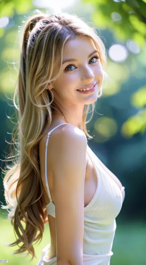 American white woman with unparalleled looks、dark blonde、poneyTail、Hair is wavy、The ends of the hair are curled、blue eyess 、A slender、Out of focus background of open meadow in the forest、The sun filtering through the trees is beautiful、a smile、Looking at t...