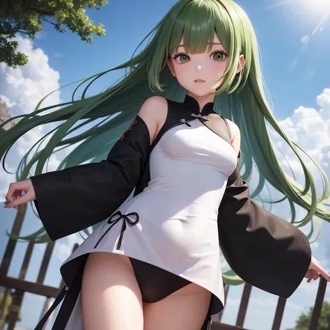 （（masutepiece、An ultra-high picture quality、ultra-quality、8K、clear details、face perfect、Phenomenally cute face、perfect and slender body、realphoto、））18year old、Cute girl shortcut about 150cm tall、Green hair、Hair fluttering in the wind、The clothes are black ...