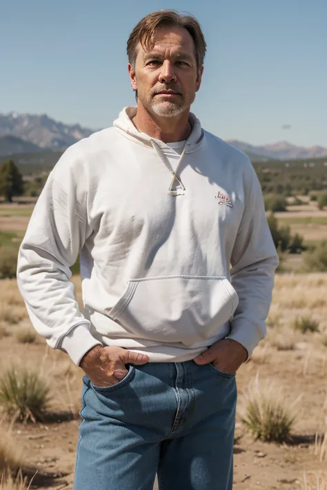 A 50-year-old muscular white American man wearing a white sweatshirt，in the western plains