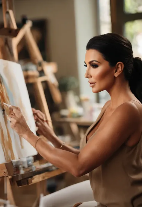 A photo of Kim Kardashian enjoying a painting class and creating her own masterpiece.,original,She is a woman. She is short, with dark hair and brown eyes. She has large lips. She is known for her changing looks from plastic surgery. She is attractive and ...