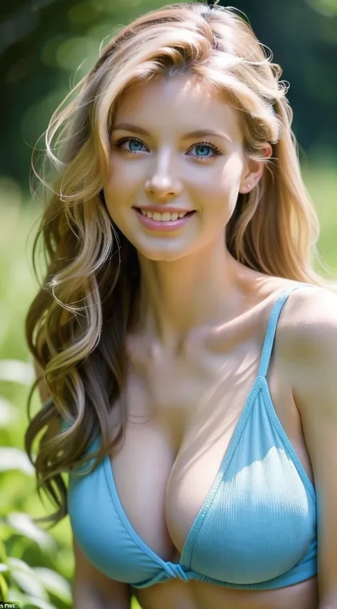 American white woman with unparalleled looks、dark blonde、poneyTail、Hair is wavy、The ends of the hair are curled、blue eyess 、A slender、Out of focus background of open meadow in the forest、The sun filtering through the trees is beautiful、a smile、Looking at t...