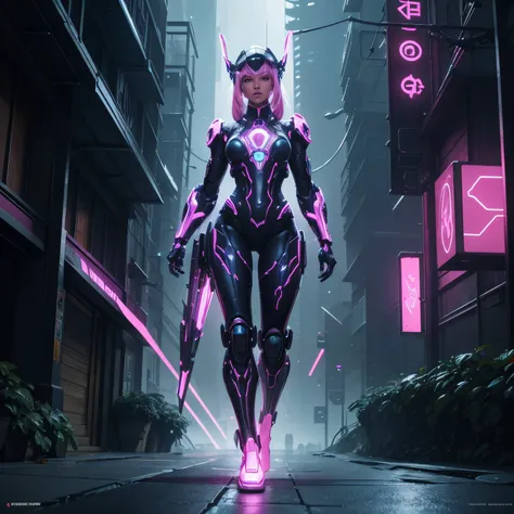 Futuristic robot that looks like a human woman, glowing neon eyes, glowing neon cybernetic circuitry showing in arms and legs, neon pink, full body frontal , large DD breasts, bright futuristic city background, walking down the street, ethereal fantasy, hy...