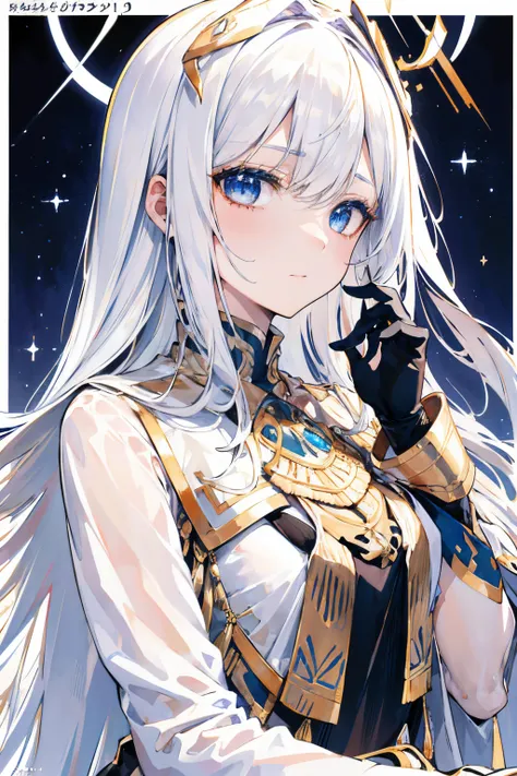 (masuter piece,Best Quality,Ultra-detailed), (A detailed face), Movie Posters, hight resolution, 1girl in, (front-facing view), White hair, length hair、Braided side locks, Gold Eye, Generals jacket, The upper part of the body, flat-chest, (Beautiful Detail...