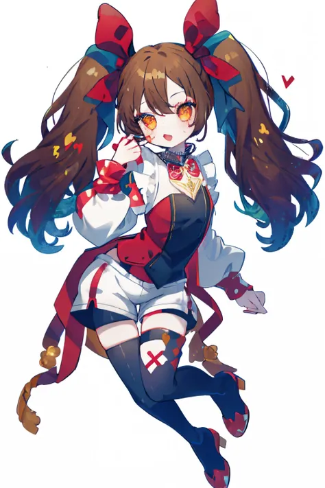 1GIRL, insane clown girl, finely detailed, (best quality), (intricate details), cute style, loli, jester style, multicolored, ((long brown hair in pigtails)), best quality, ((long sleeve shirt and shorts)), ((red and white clothes)), ((jester style clothes...