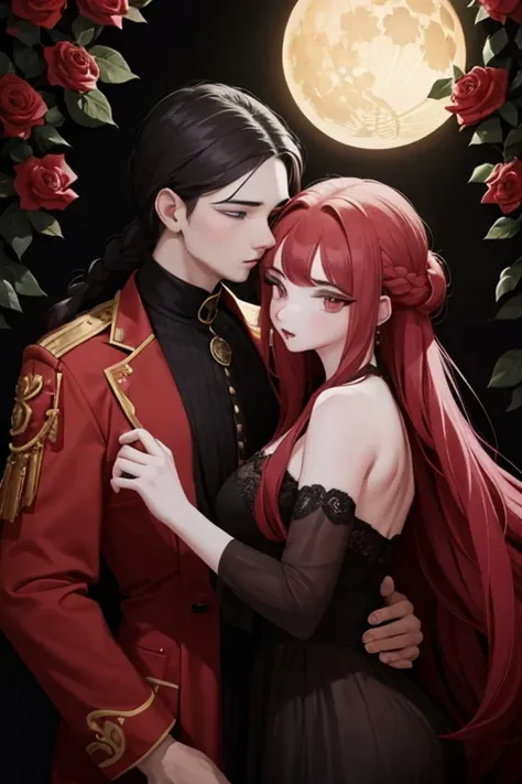 A red haired woman with red eyes with a braid with roses in a red and white long sleeve gown is kissing a black haired woman with brown eyes in a black gown with a golden moon pattern.