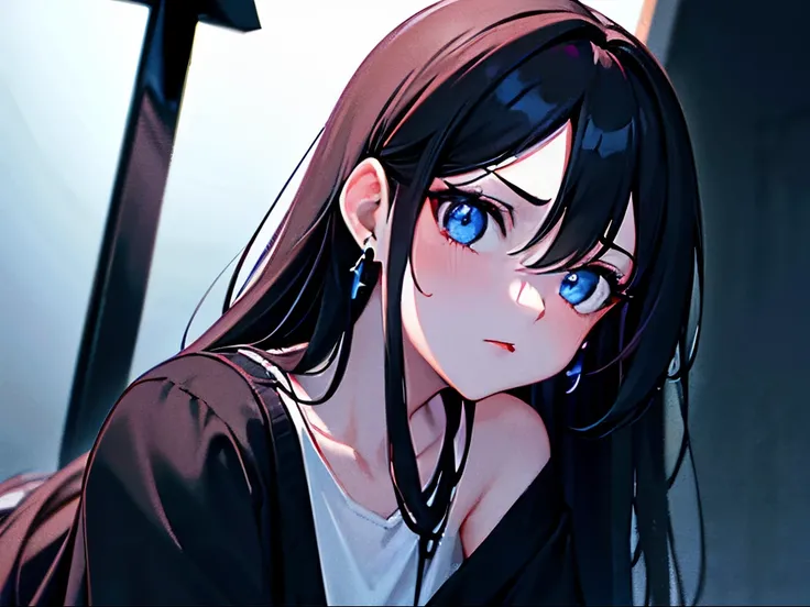 highres, masterpiece, black long hair, blue eyes, glowy eyes, 4k, red lips, sad expression, absurdres, dark room, plain white shirt, black crucifix earrings, ultrasharp, ultradetailed, night sky