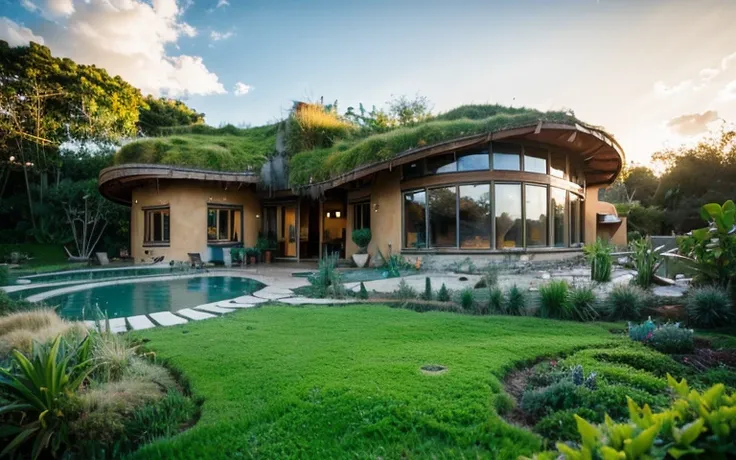 a photograph of a symmetrical contemporary house with (((waved green roof))) and (((biological pool))) in a tropical backyard, m...