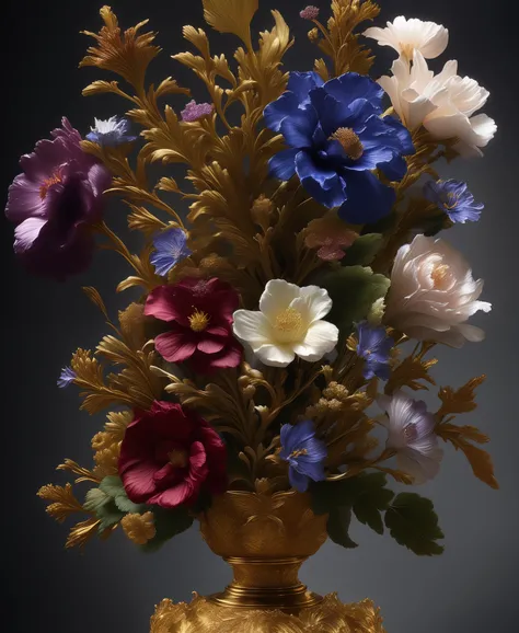 a multi elemental flowers in baroque vase, Elemental Flowers, dark background, highly detailed, sharp focus, professional, 4k, max detail, god rays, highres,high detail, sharp focus, smooth, aesthetic, extremely detailed, baroque, detailed facial features,...