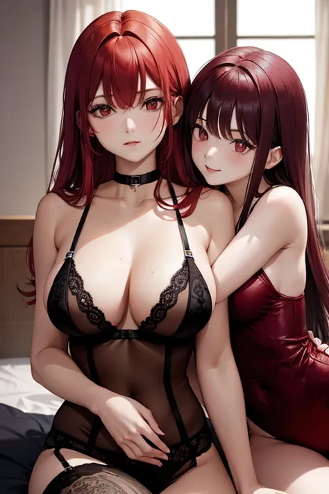 A  red haired woman with red eyes is holding a black haired woman with brown eyes on the bed in lingerie