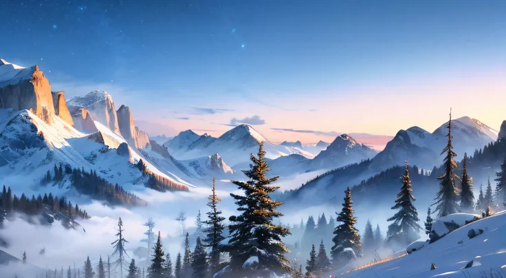 Nice 8KCG Wallpapers, very fine 8K CG wallpaper, watercolor (medium), Blue skies, High Mountains, rock formations, Foggy Streets, Vacant lot, Winter Mountain,