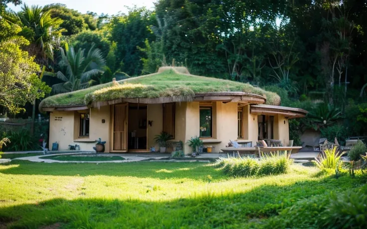 A photograph of a symmetrical contemporary house with (((one waved green roof))) and (((biological pool))) in a tropical backyard, mustard yellow terracota plaster walls (((rustic clay stucco))), ((corner walls rounded)), ((rustic clay plaster)), (((terrac...