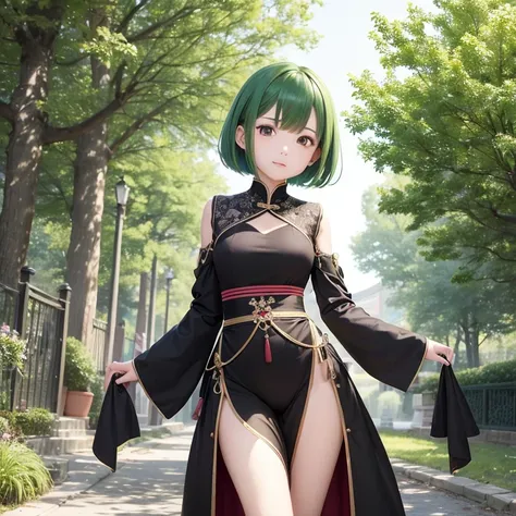 （（masutepiece、An ultra-high picture quality、ultra-quality、8K、clear details、face perfect、Phenomenally cute face、perfect and slender body、realphoto、））18year old、A cute girl with a short cut, about 150cm tall.、Green hair、Hair fluttering in the wind、Clothes: b...