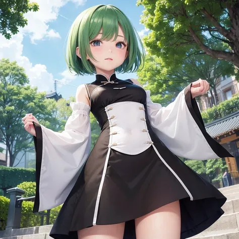 （（masutepiece、An ultra-high picture quality、ultra-quality、8K、clear details、face perfect、Phenomenally cute face、perfect and slender body、realphoto、））18year old、A cute girl with a short cut, about 150cm tall.、Green hair、Hair fluttering in the wind、Clothes: b...